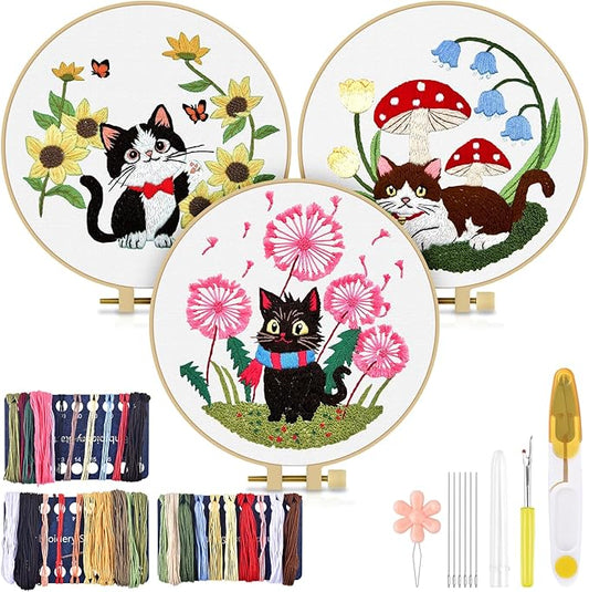 TINDTOP Embroidery Kit for Adults, Cat Embroidery Practice Kit for Beginners Include Embroidery Cloth Hoops Threads for Craft Lover Hand Stitch with Embroidery Skill Techniques