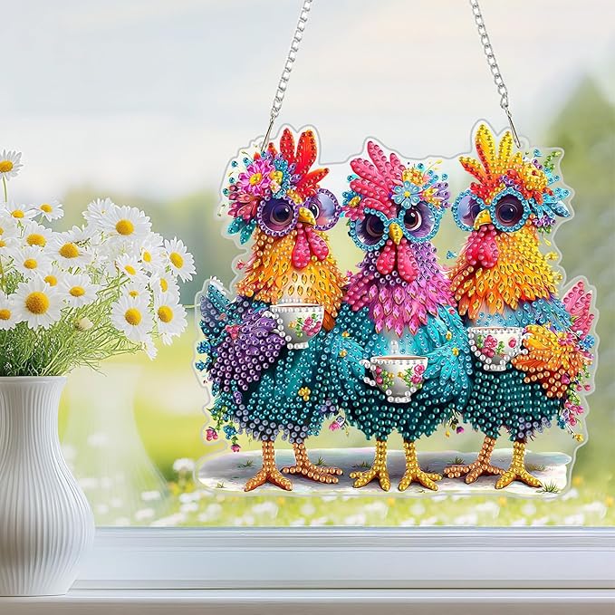 NEWENMO Diamond Art Hanging Kit for Adult, Funny Chicken, DIY Double Sided Acrylic Special Shaped Diamond Art Painting Window Pendant Cute Rooster, Home Garden Wall Hanging Ornament Kits
