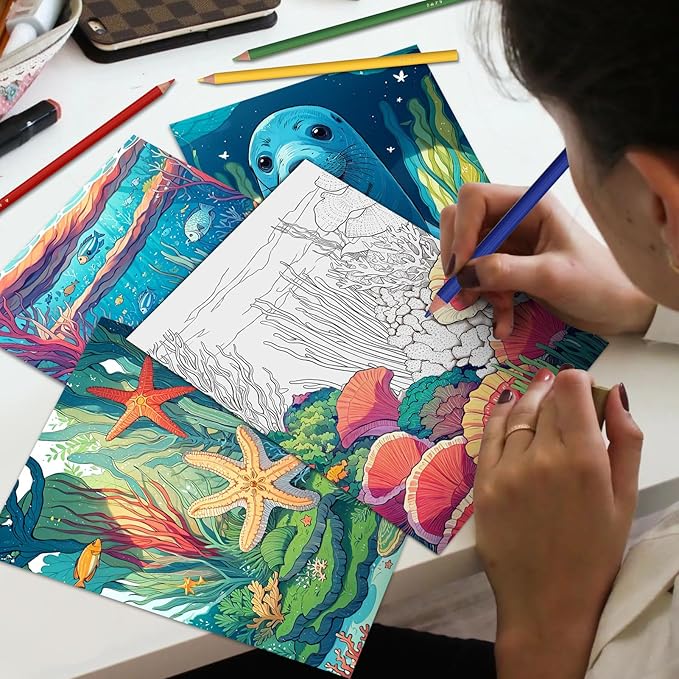 Ocean Coloring Book for Adult Spiral Bound, Adult Coloring Books for Women Relaxation, 30 Pages Thick Paper One Sided Design, Mindfulness Coloring Book, Anxiety Relief Mindfulness Gifts