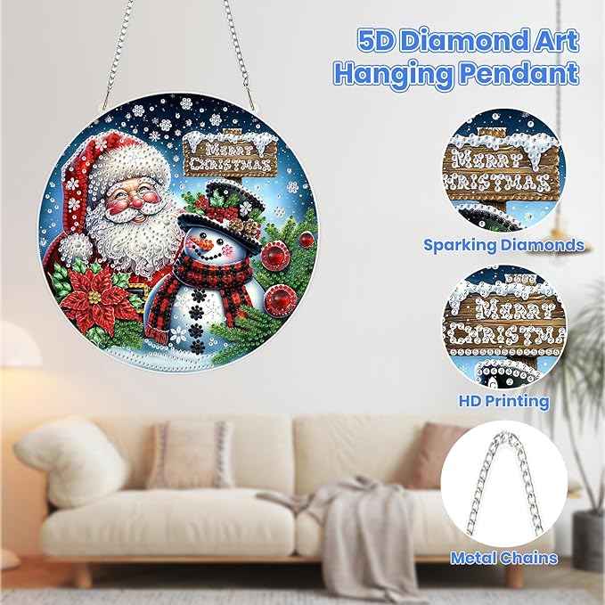 MOGTAA Christmas Diamond Art Hanging Kits for Adults Kids, Christmas Snowman Diamond Art Suncatchers, 5D Special Shape Santa Claus Diamond Painting Window Pendant Kit for Home Garden Wall Decor