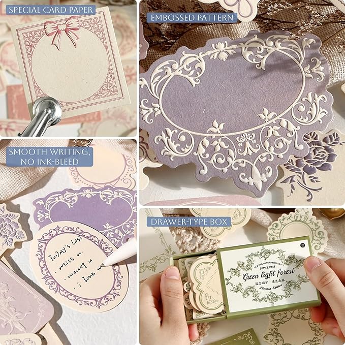 120Pcs Vintage Scrapbook Decorative Paper Set, Embossed Pattern Small Writing Notes Paper Blank Card 4 Boxes for Scrapbooking Junk Journaling Card Making Gift Tags Labels Non-Sticky