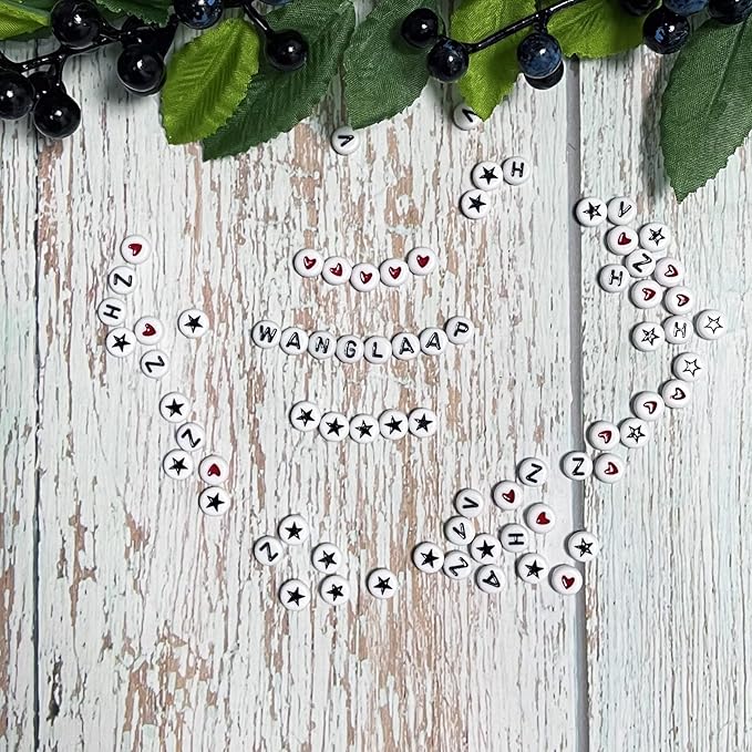 1450Pcs Letter Beads, Acrylic 4x7mm Round Letter Beads Kits, Alphabet Beads A-Z and Red Heart Black Star Beads for Bracelets Necklaces DIY Jewelry Making (White)