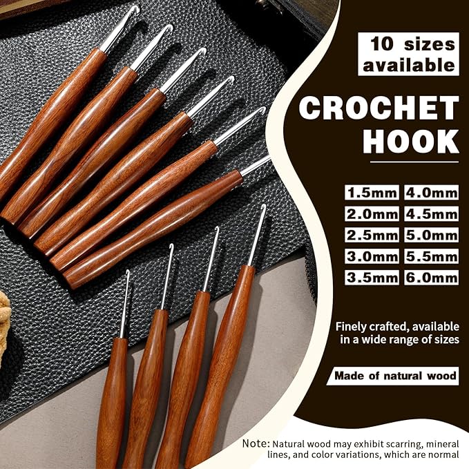 Nitlak 5 Pcs Crochet Hooks Set, 5 Size Crochet Hooks, Aluminum Ergonomic Crochet Hook with Wooden Handle for Arthritic Hands Knitting Sweaters, Blankets(1.5mm/2.5cm/3.5mm/4.5mm/5.5mm)