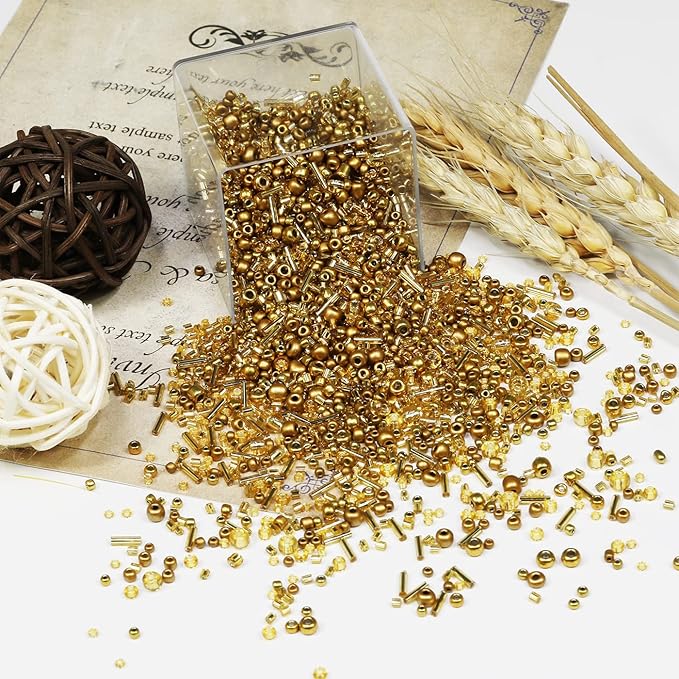 100g Mix Glass Tube Beads Bugle Beads,3500+pcs Glass Bulk Spacer Multi Size 2-6mm Kit for Jewelry Making DIY Craft Bracelets Necklace Earring Making (Golden Mixed)