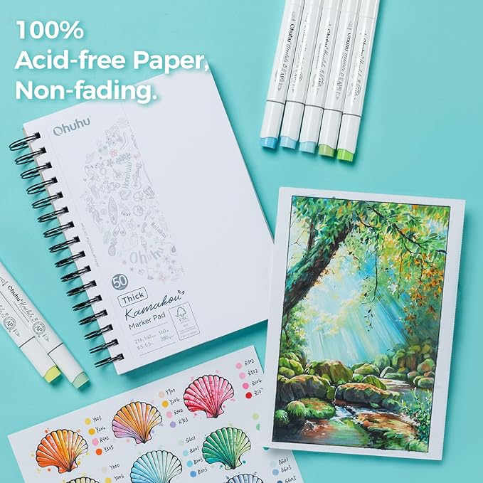Ohuhu Double-Sided Bleedproof Marker Pad - 5.5"x8.5" Small Paper Size - 160 lb/280 gsm Heavyweight Smooth Drawing Paper - 50 Sheets/100 Pages - Spiral-Bound Sketchbook for Alcohol Markers
