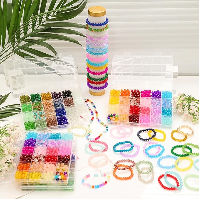 XSEINO 2400 PCS 8mm Glass Beads Bracelet Making Kit, 47 Colors Crystal Beads for Jewelry Making and DIY Crafts，4 Box Round Beads