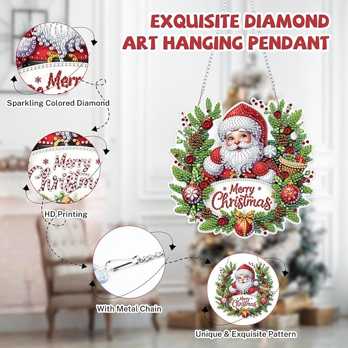 Bowetile Christmas Diamond Art Hanging Kits for Adults, Diamond Art Suncatchers Santa Claus, 5D Special Shape Diamond Painting Pendant Window Ornament Christmas Gifts for Home Door Wall Decor
