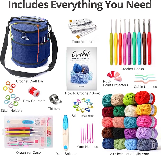 Piccassio Crochet Kit for Beginners – Complete Starter Set for Adults & Teens with 20 Yarn Colors, Hooks, Book & Organizer Bag – Learn to Make Amigurumi, Plushies & Handmade Gifts