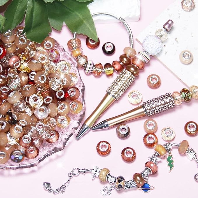 60Pcs Large Hole Beads Champagne Assorted European Craft Big Beads Large Hole Lampwork Murano Bead Fairy Wand Garden Bead for DIY Bracelet Necklace Jewelry Making Decoration Supplies