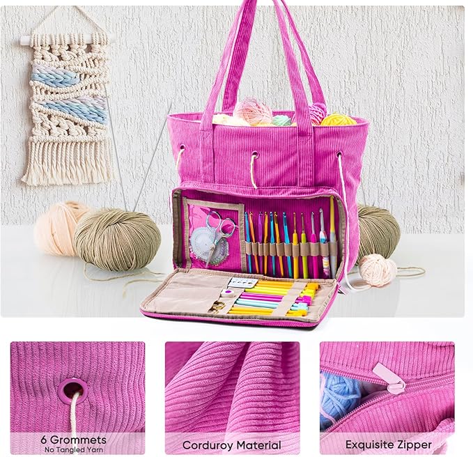 Large Crochet Bag & Tote, Corduroy Yarn Organizer for Crocheting, Yarn Storage Bag for Hooks and Accessories, Knitting Tote for Crochet Lovers, Mother’s Day Gift