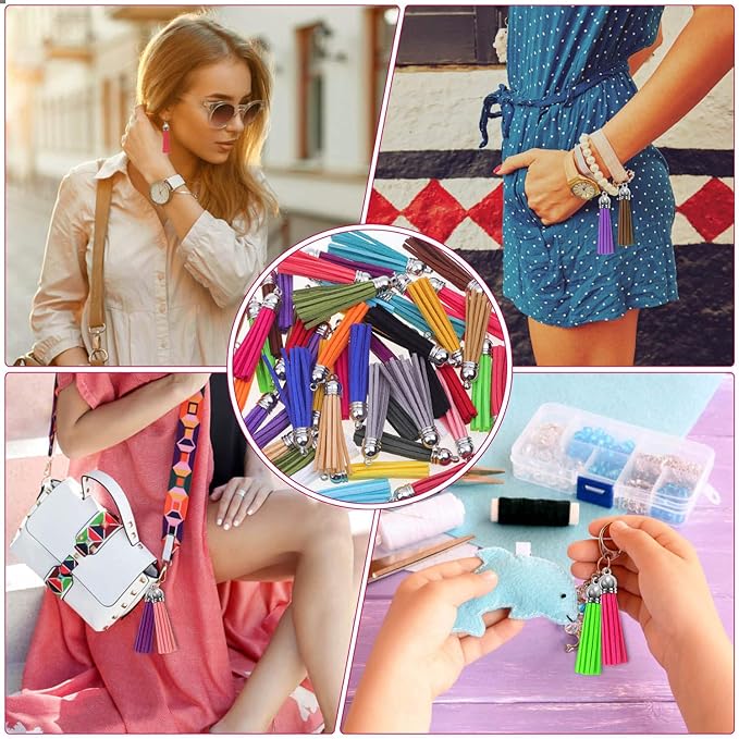 Paxcoo Tassels for Jewelry Making, 50pcs Leather Tassel Keychain Charms Bulk with 50pcs Jump Rings for Jewelry Making, Bracelets, Acrylic Key Chain Blanks and Craft Supplies