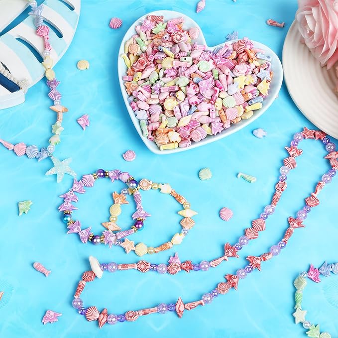 Augshy 700pcs Cute Acrylic Mini Shell Fish Starfish Beads for Party Decoration Making DIY Craft Accessories