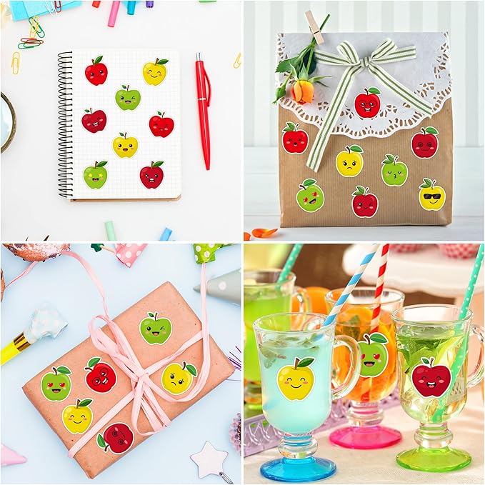 beyumi apple reward roll stickers - 1000pcs back to school apple stickers in 2 rolls first day of school adhesive decals with assorted expressions classroom office bottle notebook decor for kids