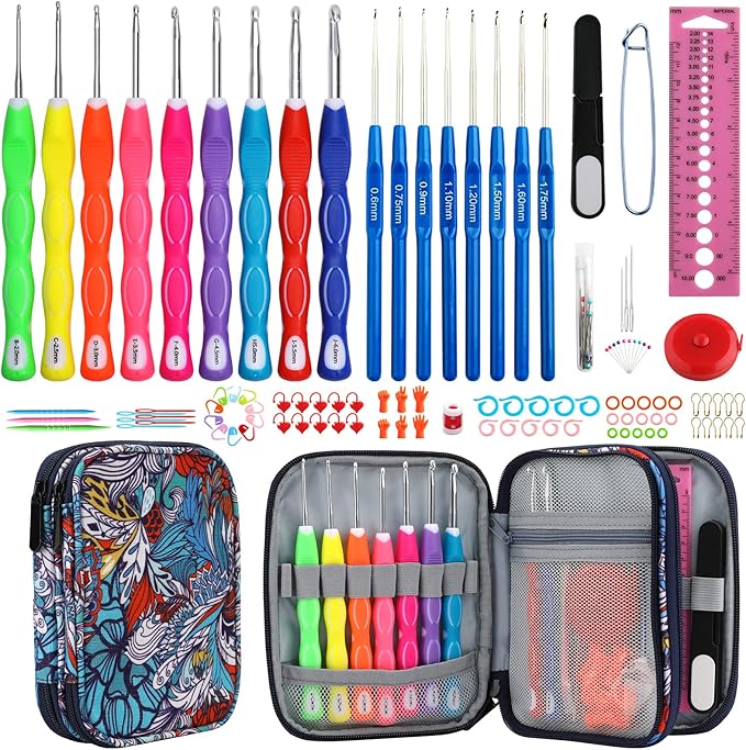 Looen Crochet Hooks Set-Yarn Needles Coloured Aluminum with Storage Case Rubbery Handle Ergonomic Comfort Grip DIY Craft Handmake Kit 47pcs