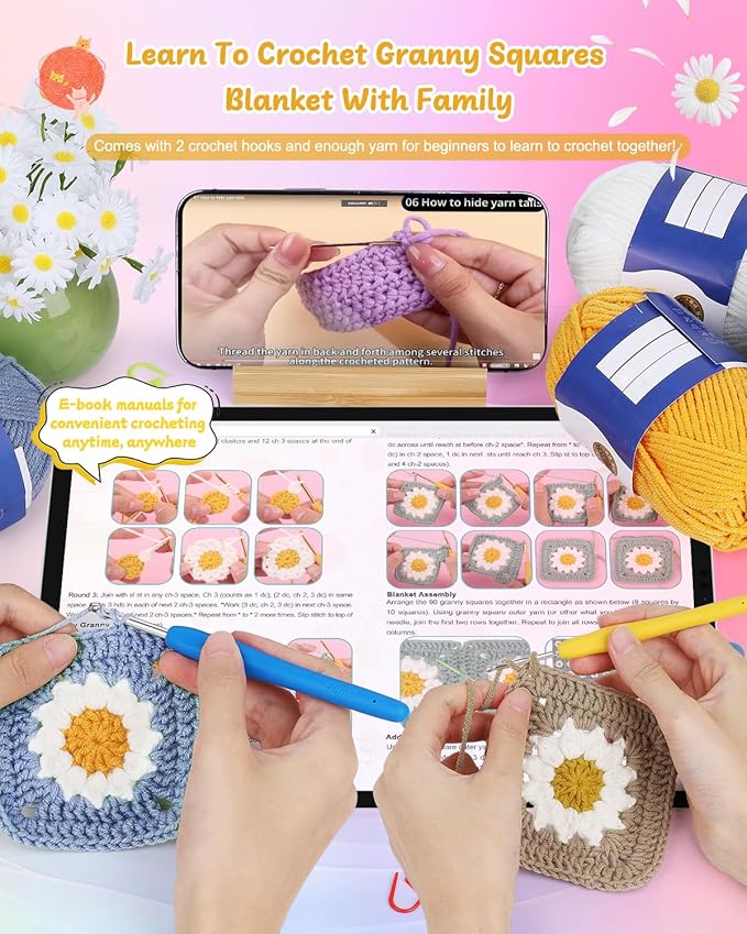 Coopay Crochet Kit Beginners for Blanket, Granny Squares Crochet Blanket Kit w Instructions & Enough Yarn, Complete Crocheting Starter Set - Easy to Learn for Adults (Blue-Purple)