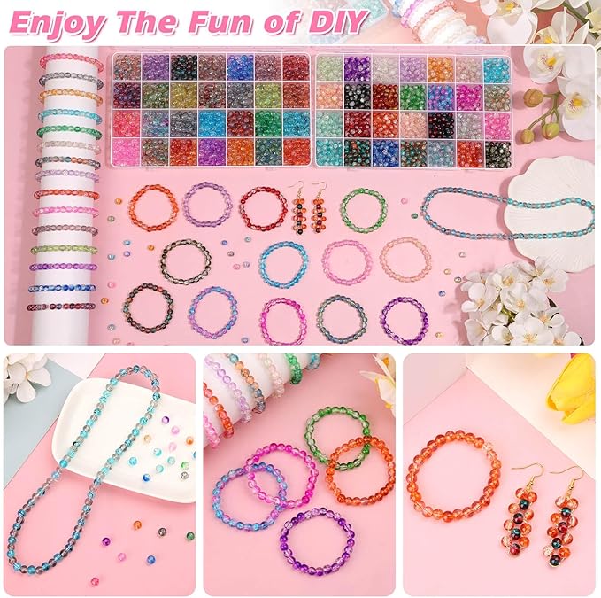 shynek 2800 6mm Glass Beads for Bracelets, 56 Colors Crystal Beads for Jewelry Making, Bracelet Making and DIY Crafts(28 Crackle Colors and 28 Ink Patterns Colors)
