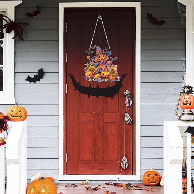 RICUVED Diamond Art Hanging Kit for Adult, Pumpkin Special Shaped Crystal Gem Craft Halloween Diamond Painting Pendant Kit for Beginners, Scarecrow DIY Hanging Diamond Art Ornament Kit for Home Garden