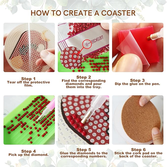 Temlum 6 Pcs Diamond Painting Coasters with Holder, Abstract Plants Coasters Diamond Art Kits for Beginners, Adults Small Diamond Painting Kit Art Craft Supplies