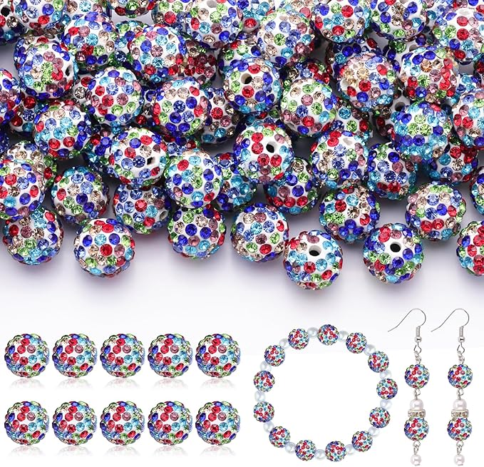 200pcs 10mm rhinestone beads for jewelry making, white mixed shiny round disco ball beads bulk, sparkle crystal clay christmas for bracelet baseball necklace earring crafting and diy