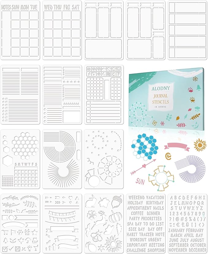 ALODNY 16 Pcs Journal Stencils Set - Time Saving Bullet Journaling Supplies/Accessories Kit -Ultimate Productivity Planner Stencil for Bullet Journal Stencils A5 Dotted Journals