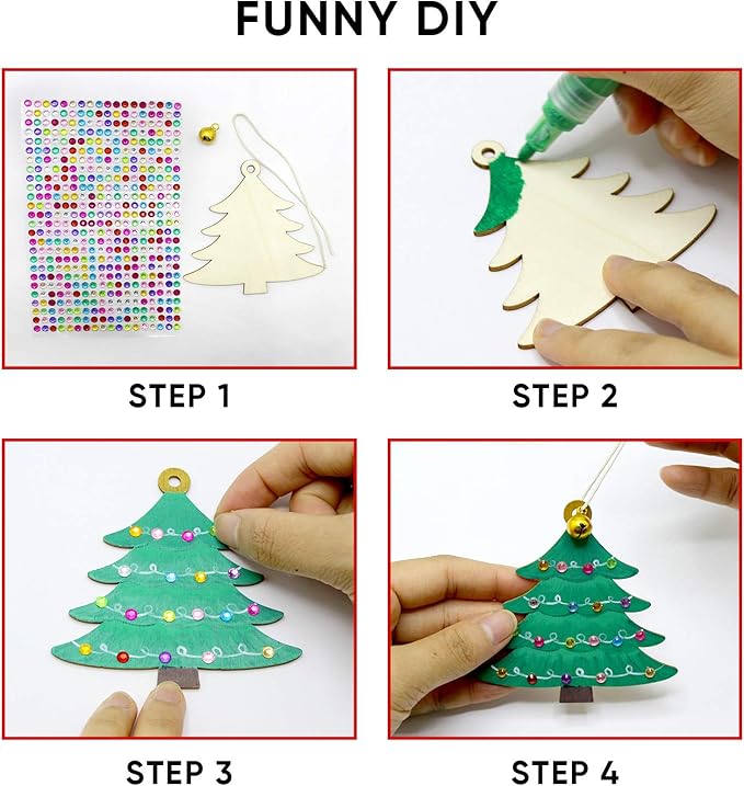 Hidreas 40 Pcs Wooden Ornaments Unfinished Christmas DIY Ornaments Craft Kit, Christmas Wood Ornaments with Bells, Wax Rope and Rhinestone Stickers for Children Arts and Crafts Supplies
