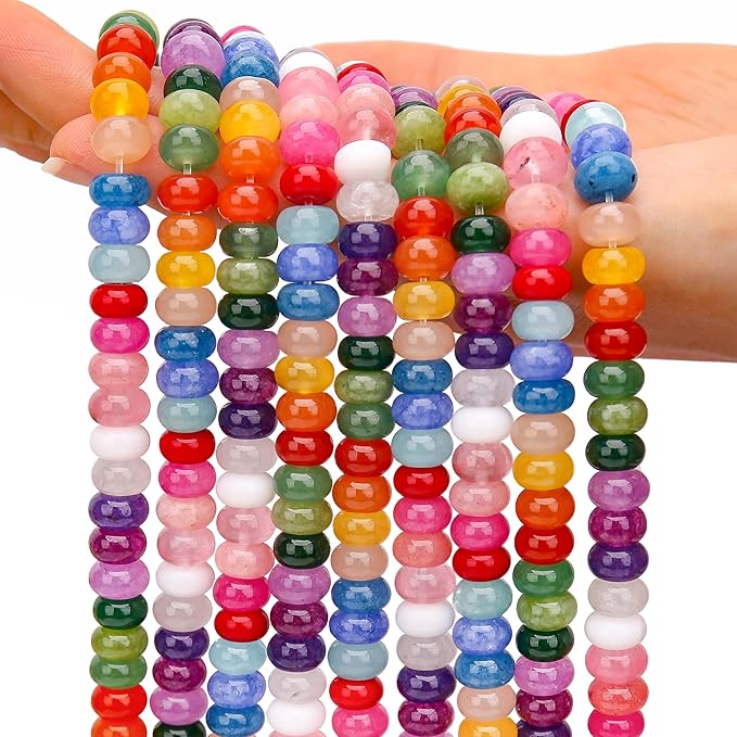 2 Strands (150PCs) Mix Color Jade Rondelle Beads, 5 * 8mm Gemstone Loose Spacer Abacus Disk Beads for DIY Bracelet Necklace Earrings Jewelry Making, Craft Supplies Beading Kit