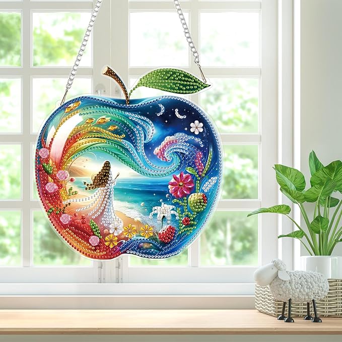 Bowetile Dreamy Apple Diamond Art Hanging Kits for Adults, Diamond Art Suncatchers Beach, 5D Special Shape Diamond Painting Fariy Pendant Window Ornament Gifts for Home Decor