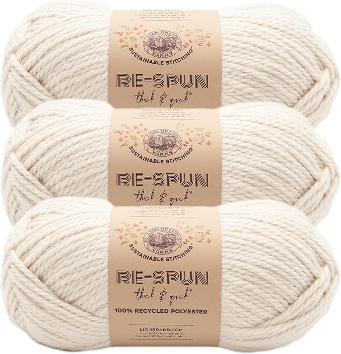 Lion Brand Yarn, Re-Spun Thick & Quick Super Bulky Yarn for Knitting, Crochet, and Crafts, Whipped Cream, 3 Pack, Soft Fiber for Chunky Blankets, Bulky Throws, and Cozy Sweaters