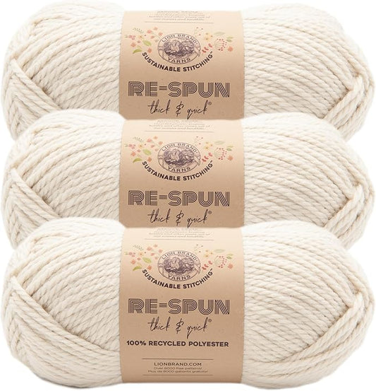 Lion Brand Yarn, Re-Spun Thick & Quick Super Bulky Yarn for Knitting, Crochet, and Crafts, Whipped Cream, 3 Pack, Soft Fiber for Chunky Blankets, Bulky Throws, and Cozy Sweaters