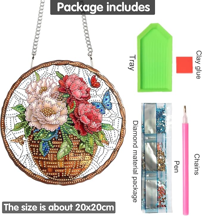 Yomiie Hanging Diamond Art Ornament Kits– DIY Double Sided Acrylic Sun Catcher with Flowers, Front Door Sign & Porch Decor, Crystal Diamond Painting Pendant for Home, Garden, Windows (8x8 inch)