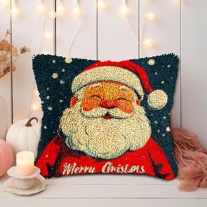 DIY Latch Hook Pillow Kits for Adults Merry Christmas Santa Claus Printed Pillowcase Crochet Yarns Hooking Handmade Pillow Cover Cushion for Home Sofa Decoration 17x17inch(3)