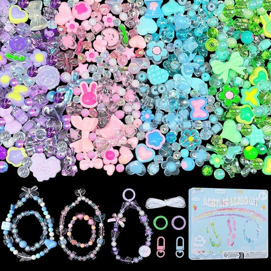 joyjellies bracelet making kit assorted acrylic beads, 4 colors charms keychain making kit with string key ring clips bow heart cute beads for bracelets arts and crafts jewelry making kits