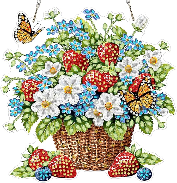 MXJSUA Strawberries Flowers Diamond Painting Art Window Suncatchers, Diamond Art Kits for Adults Hanging Ornaments with Chain, 5D Special Shape Crystal Diamond Pendant Accessories for Decor Gift