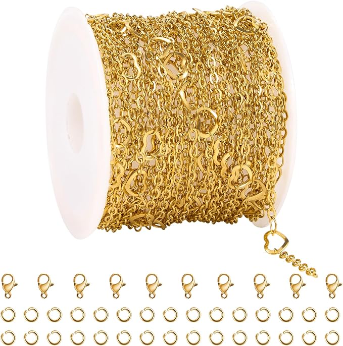 YOUBEIYEE 16.4 Feet Gold Plated Chain for Jewelry Making Stainless Steel Heart Chains Bulk for Women Necklace DIY with Jewelry Accessories