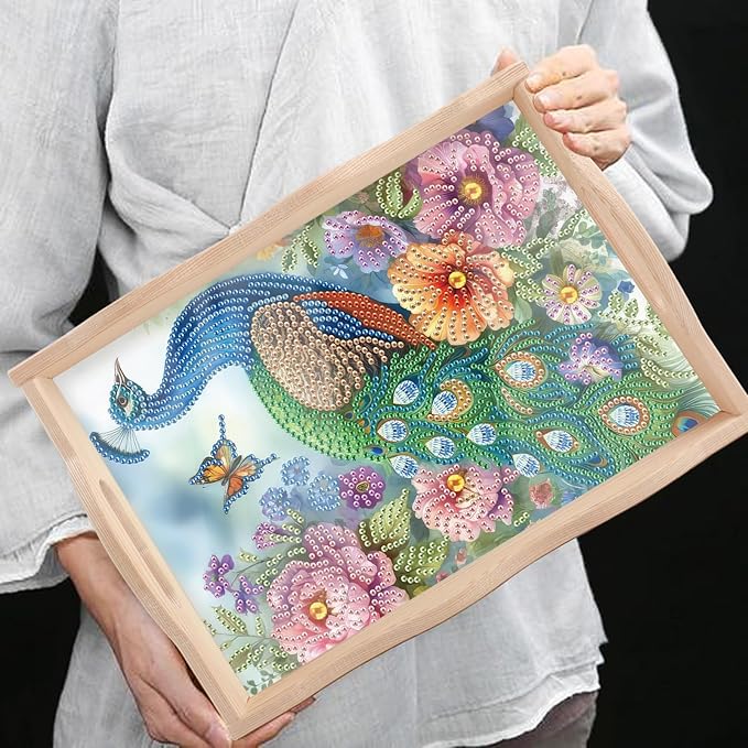 DIY Diamond Art Tray with Handle Diamond Art Painting Plate Creative Design Handmade Wooden Tray Mosaic Making Kits by Number Kits Diamond Art for Coffee Living Room Home Organizer (Peacock)