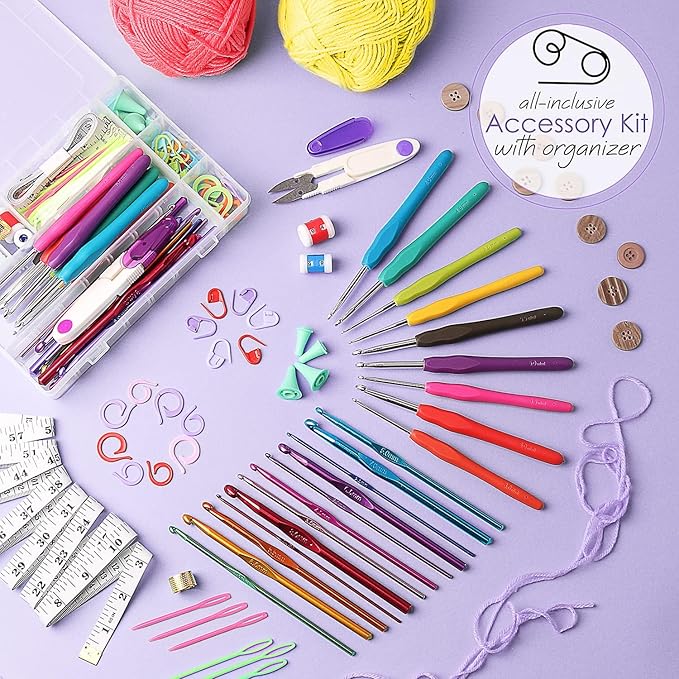 crochet kit for beginners adults and kids, 113 piece knitting & crochet supplies, 1500 yards assorted yarn, 21 ergonomic hooks, plus many accessories – beginner crochet kits ideal for amigurumi