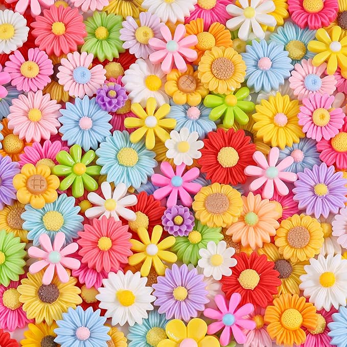 100PCS Flower Slime Charms Cute DaisyFlatback Resin Charms for Slime, Kawaii Random Decoden Charm for Embellishments Phone Junk Case Charms Bulk,Hairpins Scrapbooking Crafting DIY Decor