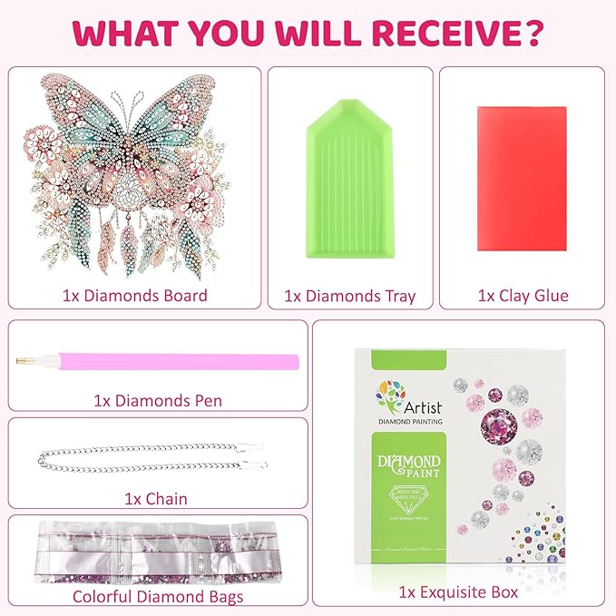 MEIYUDA Butterfly Diamond Art Hanging Kits for Adult, Butterfly Dreamcatcher Diamond Painting Hanging Kits Ornament, DIY Special Shaped Rhinestone Window Pendant Kit for Home Garden Wall Decor Gift