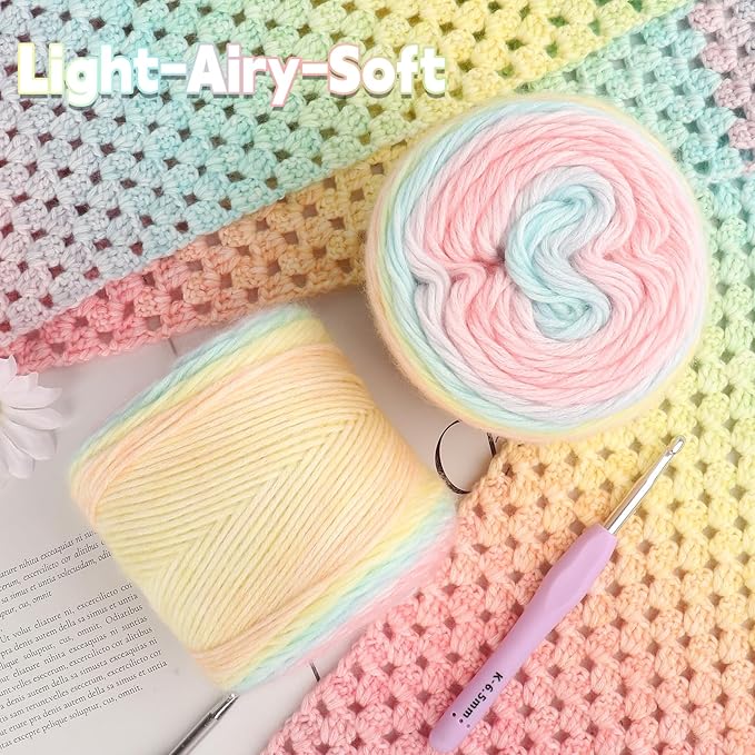 Katech Ombré Yarn for Crocheting-Gradient Cake Yarn-4x100g 60% Cotton 30% Acrylic 11% Wool-Multicolor Soft Rainbow Cotton Crochet Yarn for Scarves, Shawls, Blankets and Garments(P)