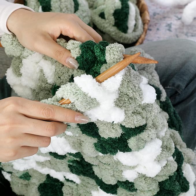 HOMBYS Chunky Tie Dye Mix Chenille Yarn for Hand Knitting, Super Bulky Jumbo Yarn for Crocheting, 3/4" Thick Soft Plush Yarn for Blankets, 8 Skein Pack (26 yds / 7.5 oz Each) Green Multi White