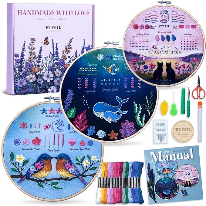 ETSPIL Beginner Embroidery Kit for Teens & Adults - 3-Pack, 19 Stitches, Pre-Stamped Patterns, Needle Minder, 7.8-Inch Hoop, Threads & Needles, Guide & Video - DIY Craft Gift for Women