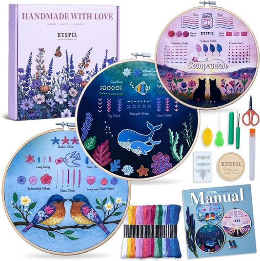 ETSPIL Beginner Embroidery Kit for Teens & Adults - 3-Pack, 19 Stitches, Pre-Stamped Patterns, Needle Minder, 7.8-Inch Hoop, Threads & Needles, Guide & Video - DIY Craft Gift for Women