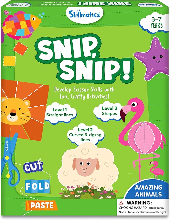 skillmatics scissor skills activity book - snip snip animals, 25 fun cutting & creative activities for preschoolers, 2 child-safe scissors, felt craft kit, gifts for kids ages 3, 4, 5, 6, 7
