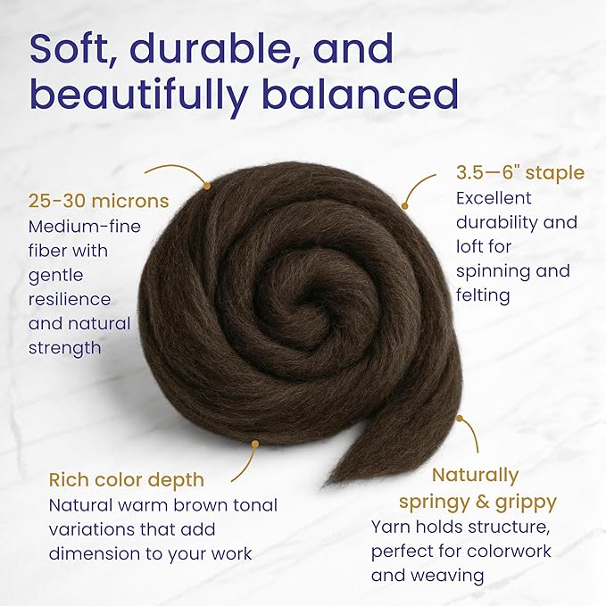 Revolution Fibers Corriedale Wool Roving 1 lb (16 Ounces) for Spinning | Soft Chunky Jumbo Yarn for Arm Knitting Blanket |100% Natural Undyed Wool Yarn Bulk, Felting Core, Carded Stuffing (Brown)