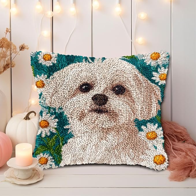 DIY Latch Hook Pillow Kits for Adults Cute Maltese Dog in Daisy Flowers Printed Pillowcase Crochet Yarns Hooking Handmade Pillow Cover Cushion for Home Sofa Decor 17x17inch(4)
