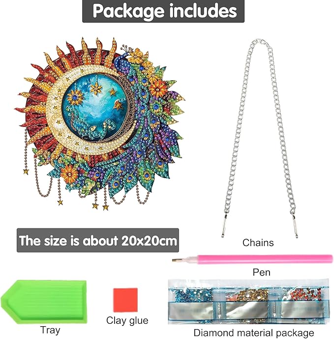 Bimkole Peacock Feather Diamond Art Hanging Kit for Adult, DIY 5D Moon Diamond Art Painting Window Pendant, Acrylic Crystal Art Hanging Ornament for Wall Home Garden Front Door Decor - 7.8x7.8 Inch