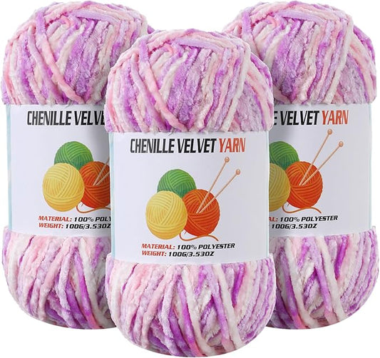 3 * 100g Velvet Chenille Chunky Yarn for Crocheting, Handcrafts Weaving Soft Chenille Yarn for Crocheting Clearance, Used for Making Baby Yarns Blanket, Clothes, Knitting Creations (Pastel Purple)
