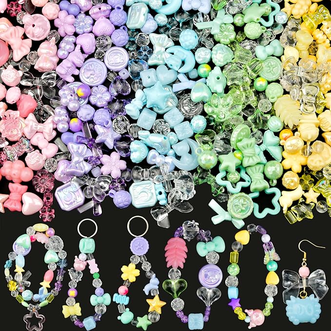 ABONDEVER 245-300Pcs Assorted Acrylic Beads for Bracelets Making Cute Star Bow Flower Candy Heart Gummy Bear Butterfly Aesthetic Beads for DIY Jewelry Crafts Keychain Necklace Phone Charms(5 Colors-A)