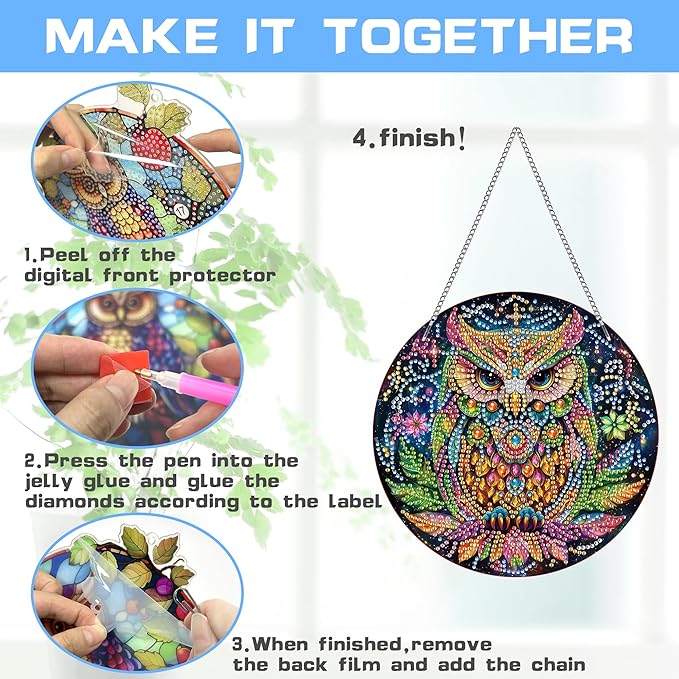 VAIIEYO Owl Diamond Art Hanging Ornament, Animal Diamond Painting Suncatchers Window Hanging Kit with Chain, 7.5x7.5 inch Crystal Pendant Art Craft for Gift Home Wall Front Door Decoration