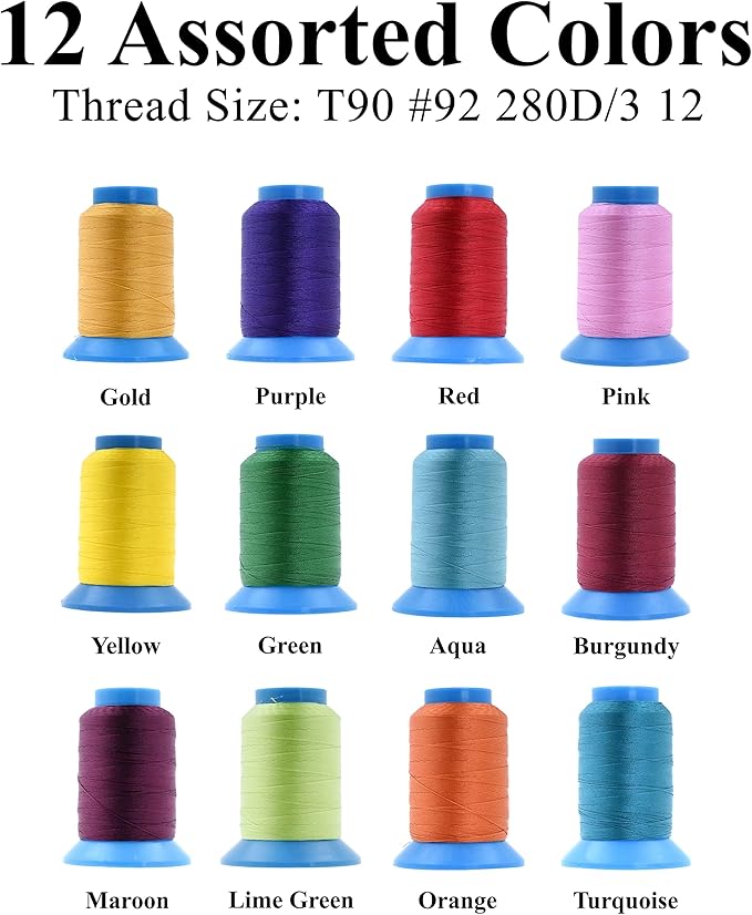 Mandala Crafts Size 92 280D T90 Bonded Nylon Thread - 12 Vibrant Colors 2400 YDs Tex 90 Heavy Duty Sewing Threads for Leather, Jeans, Weaving, Outdoor Marine Upholstery